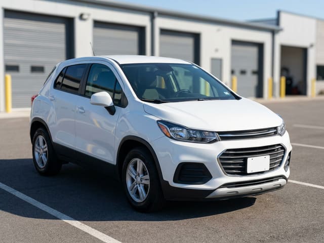 Example loaner car: a white compact SUV parked outside an auto body shop