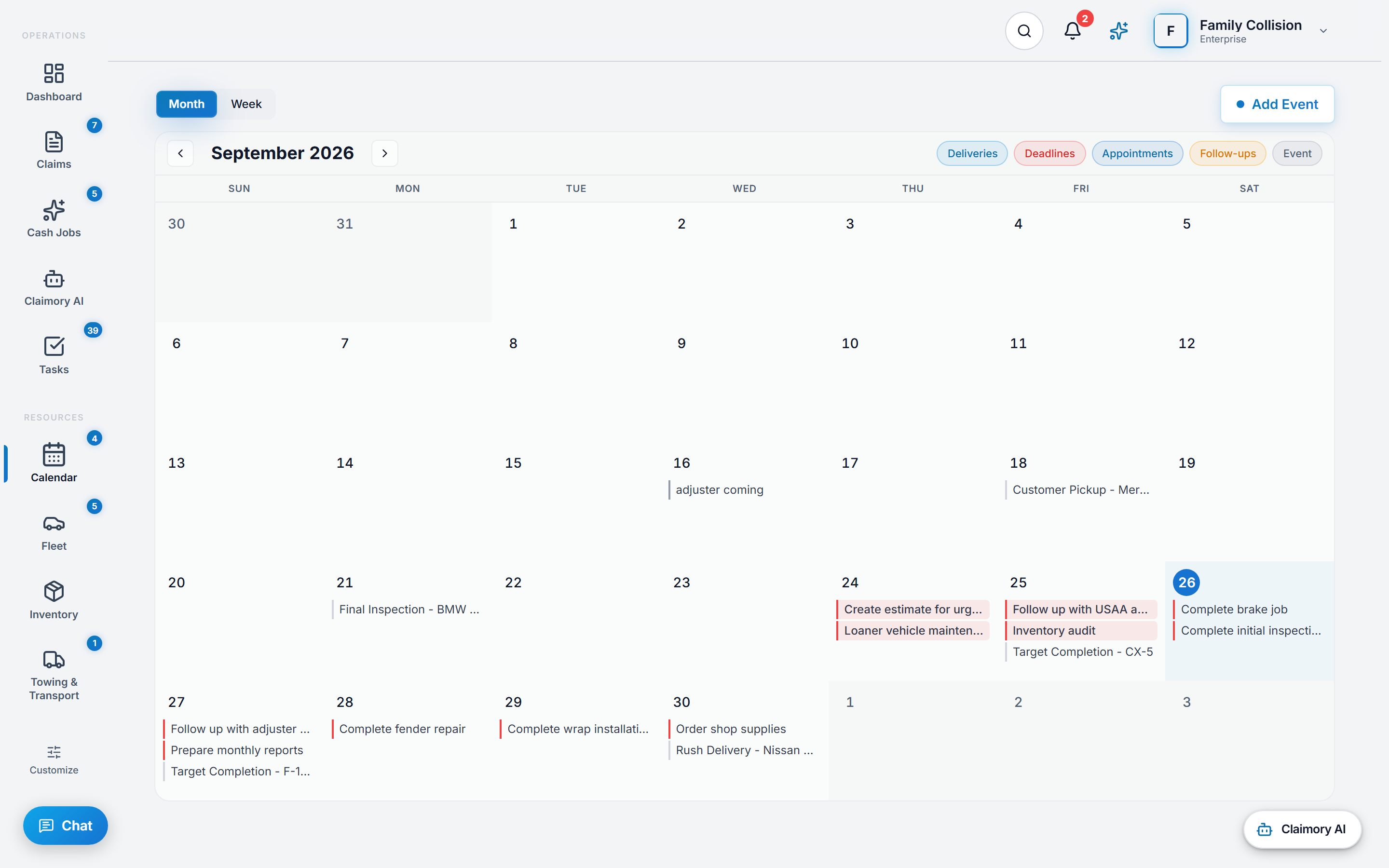 The Claimory calendar in month view for September 2026, with a Deliveries, Deadlines, Appointments, Follow-ups and Event legend, an Add Event button, and entries such as an adjuster visit, a customer pickup, a final inspection, task deadlines, follow-ups and target completion dates on the days they fall on