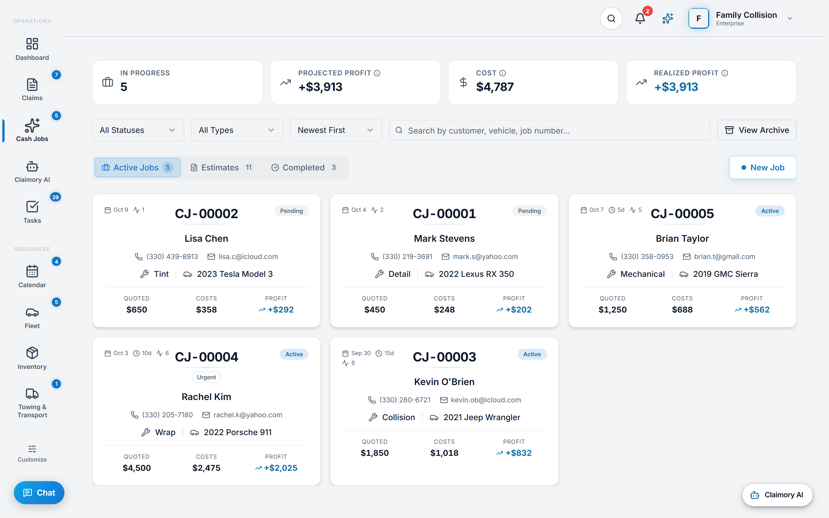 The Claimory cash jobs board for a collision repair shop, showing tabs for active jobs, estimates and completed work, four figures across the top for jobs in progress, projected profit, cost and realized profit, and job cards each carrying the customer, the vehicle and its quoted, costs and profit figures.