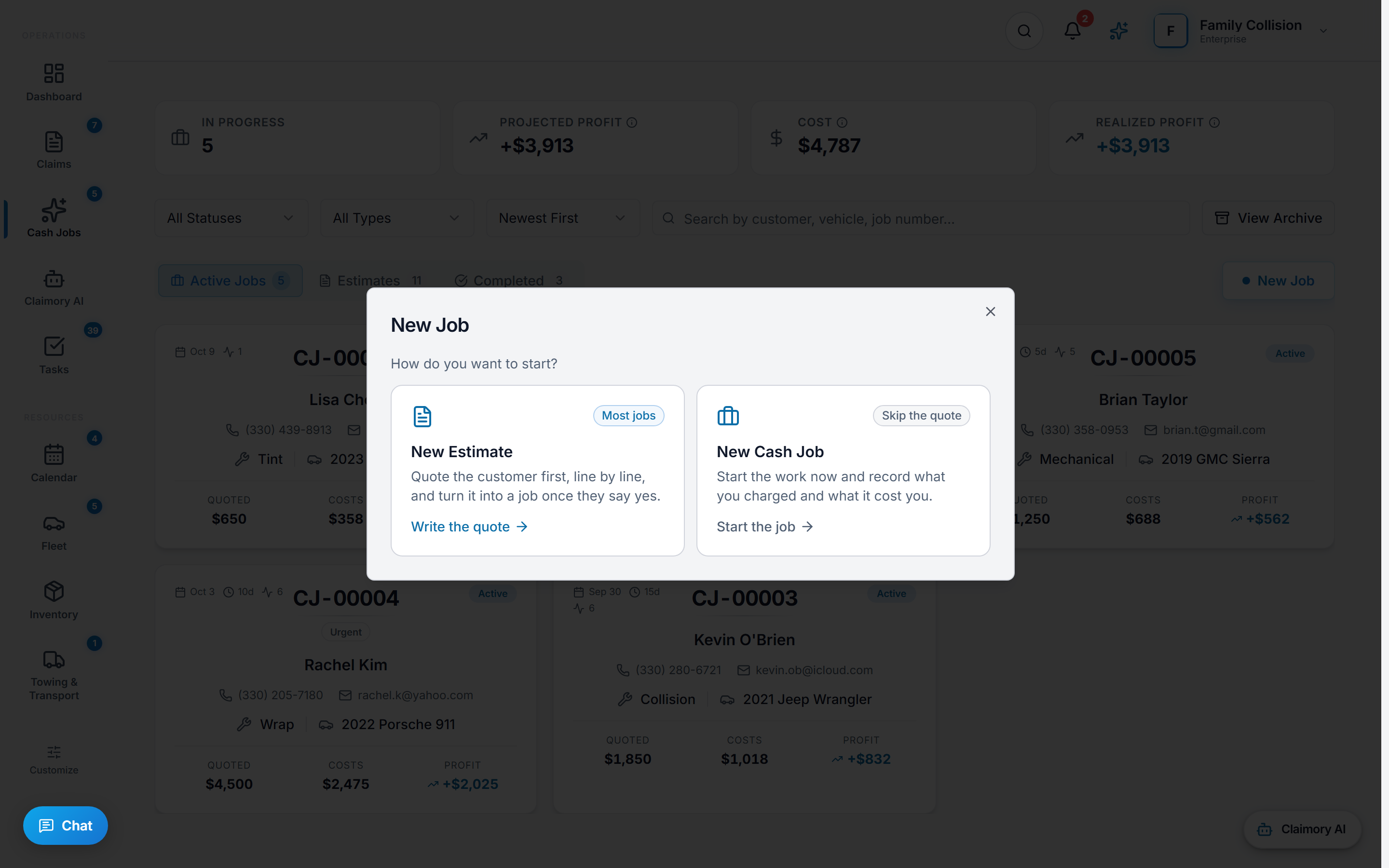 The Claimory cash jobs board with the New Job menu open, offering New Estimate to quote the customer first or New Cash Job to skip the quote and start work, with a note that most jobs start with an estimate.