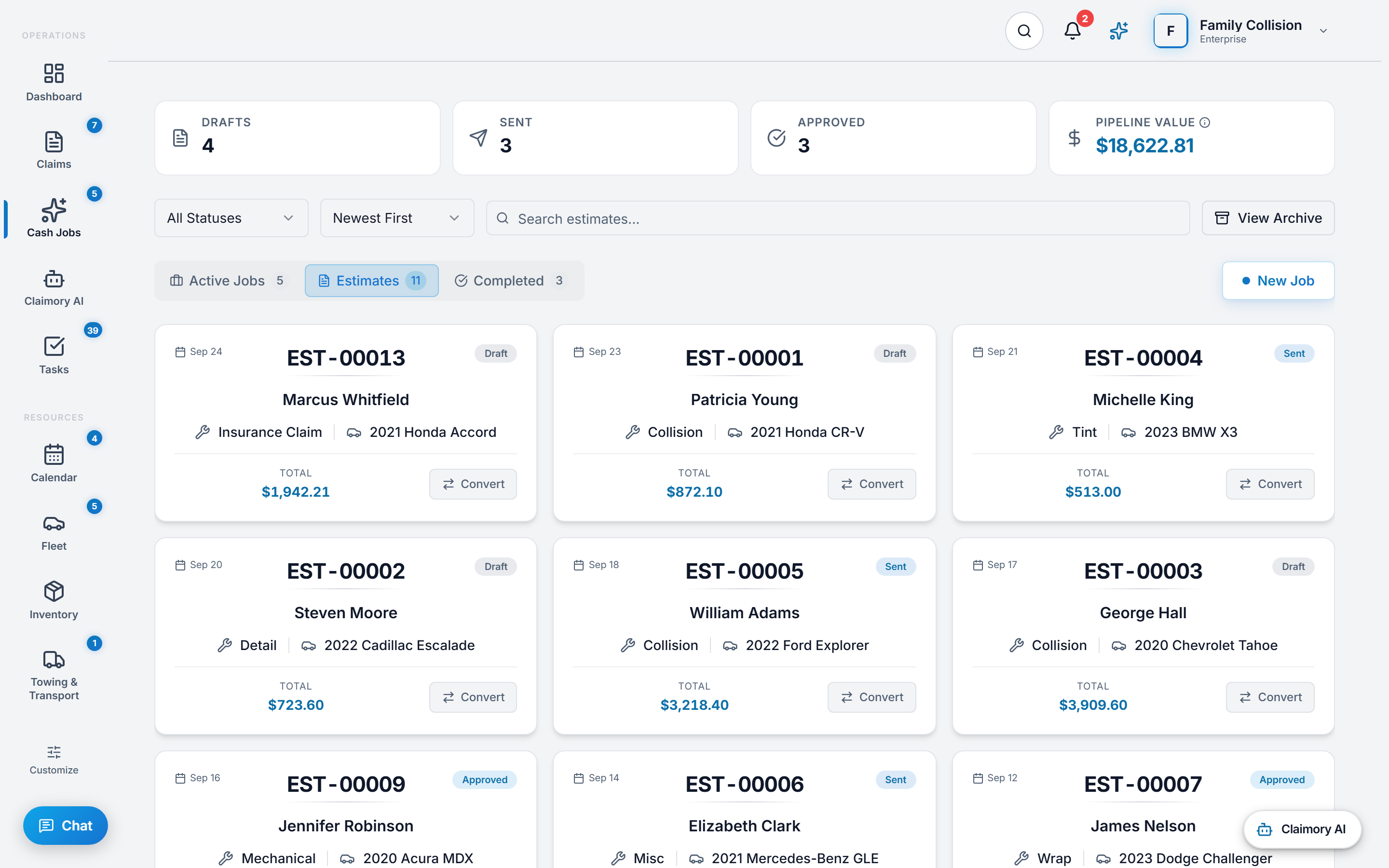 The estimates tab of the Claimory cash jobs board with every status shown, listing counts for drafts, sent and approved, a total pipeline value, and estimate cards carrying the customer, the job type, the vehicle, the total, a Draft, Sent or Approved badge and a Convert button.