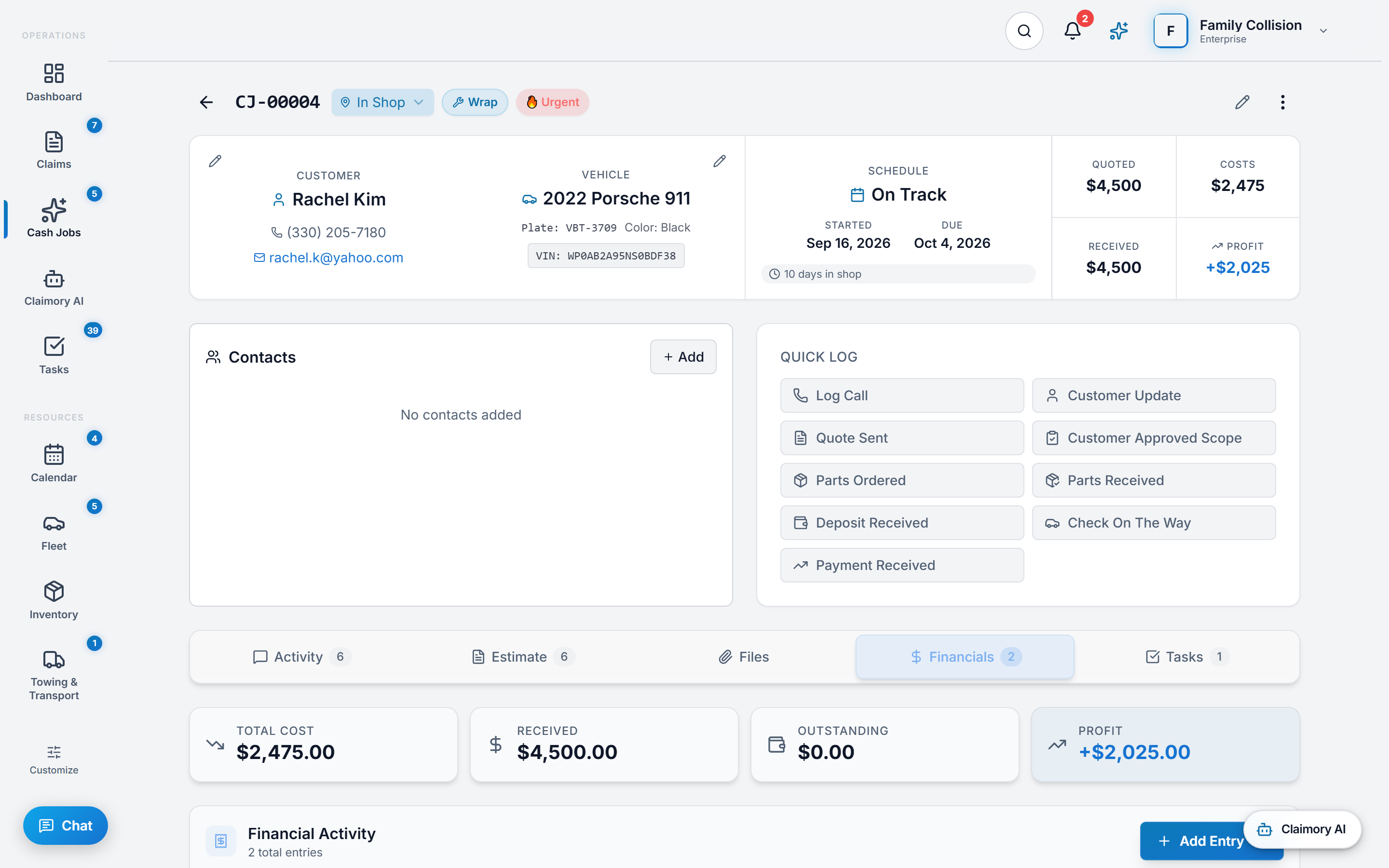 A single Claimory cash job open on its financials tab, showing the customer and vehicle, the schedule marked On Track with its start and due dates and a days-in-shop count, quoted, costs, received and profit figures, a quick log panel, and cards for total cost, received, outstanding and profit.