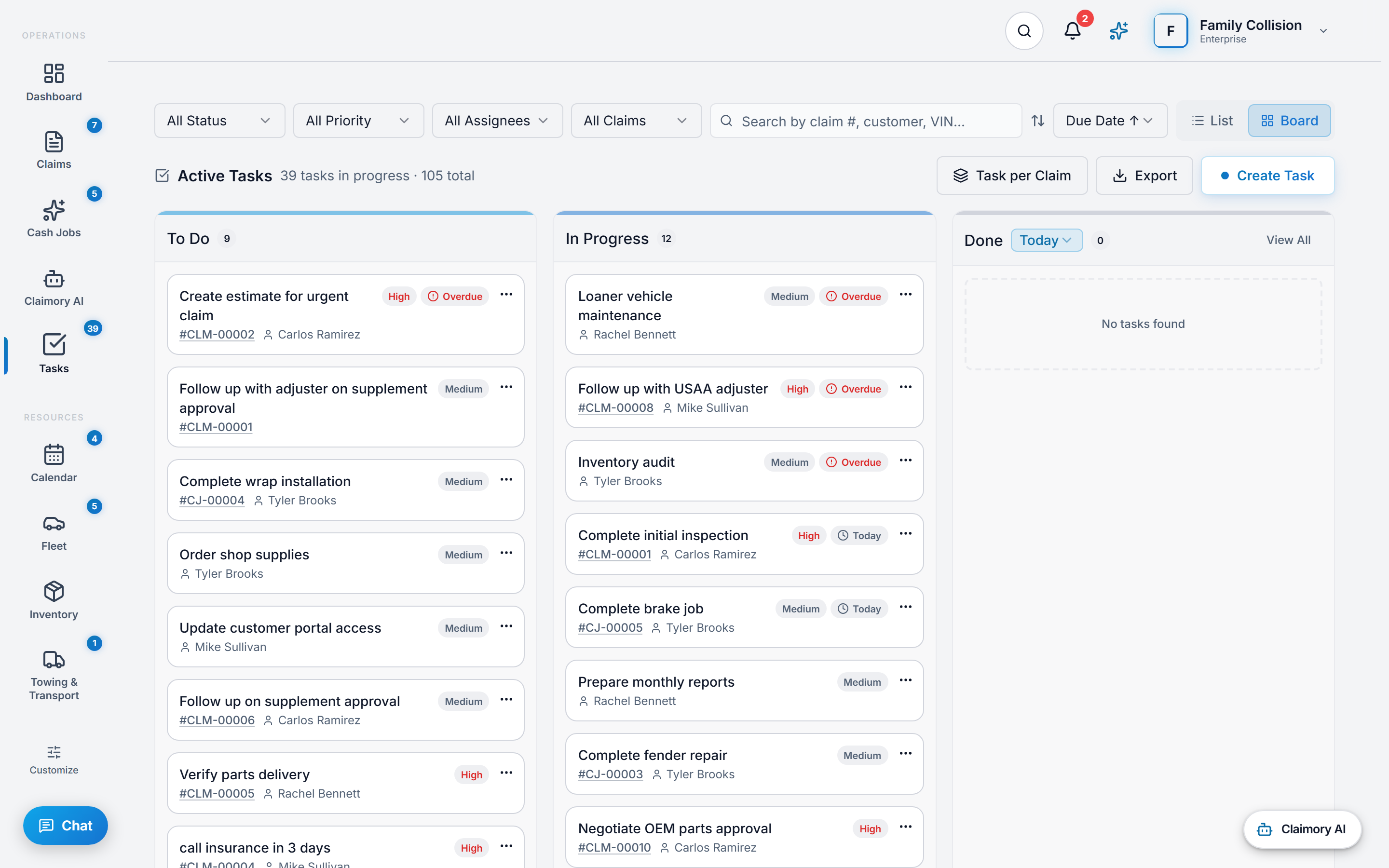 The Tasks tab on a Claimory claim record, showing a To Do column with a high-priority overdue task to call insurance assigned to Mike Sullivan, and an In Progress column with a medium-priority overdue quarter panel replacement assigned to Tyler Brooks.