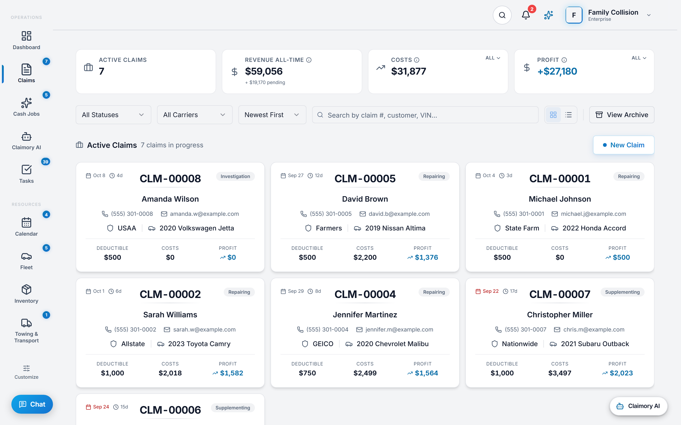 The claims list in Claimory: active claim, revenue, cost and profit totals above a grid of claim cards, each carrying the claim number, carrier, status, customer, vehicle, deductible, cost, profit and due date.