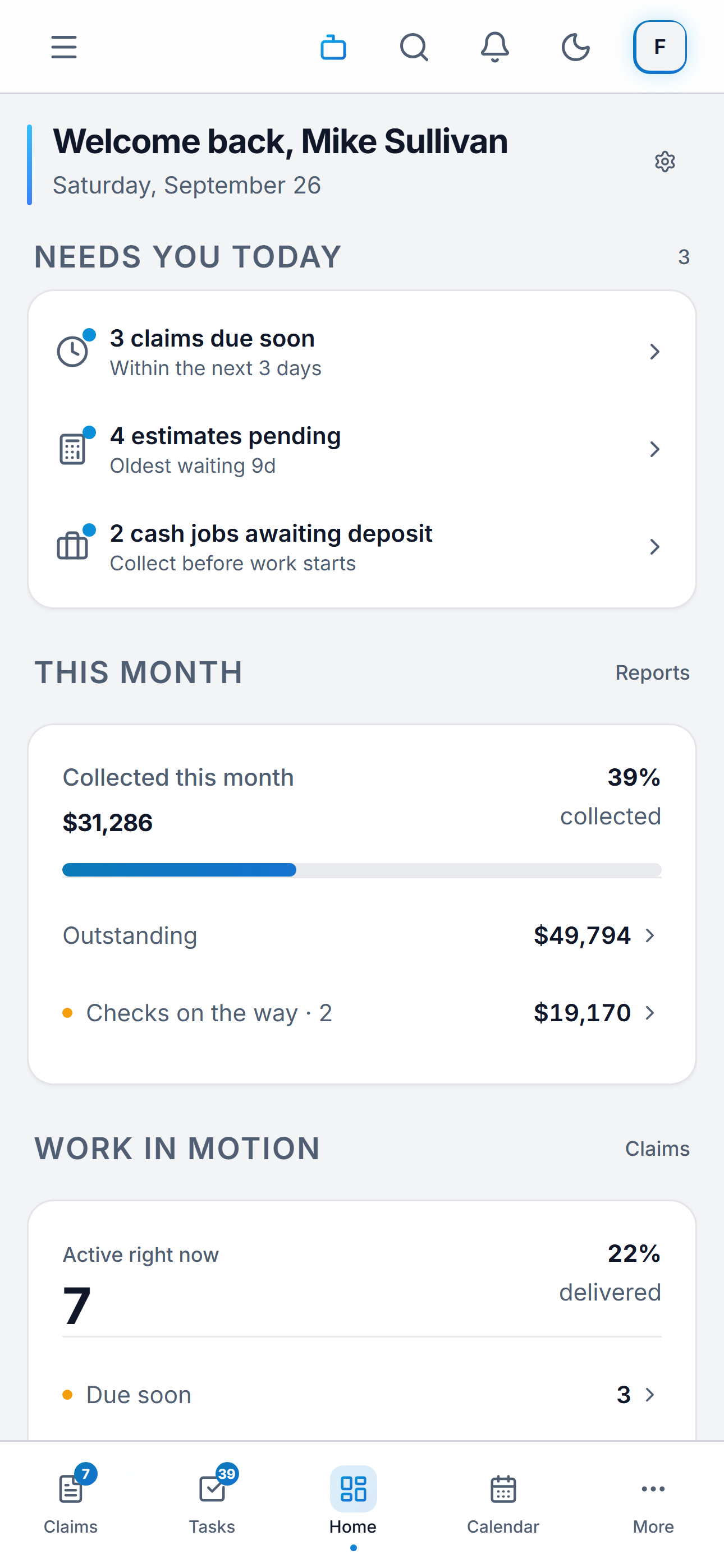 Claimory dashboard with claims, financials, and tasks