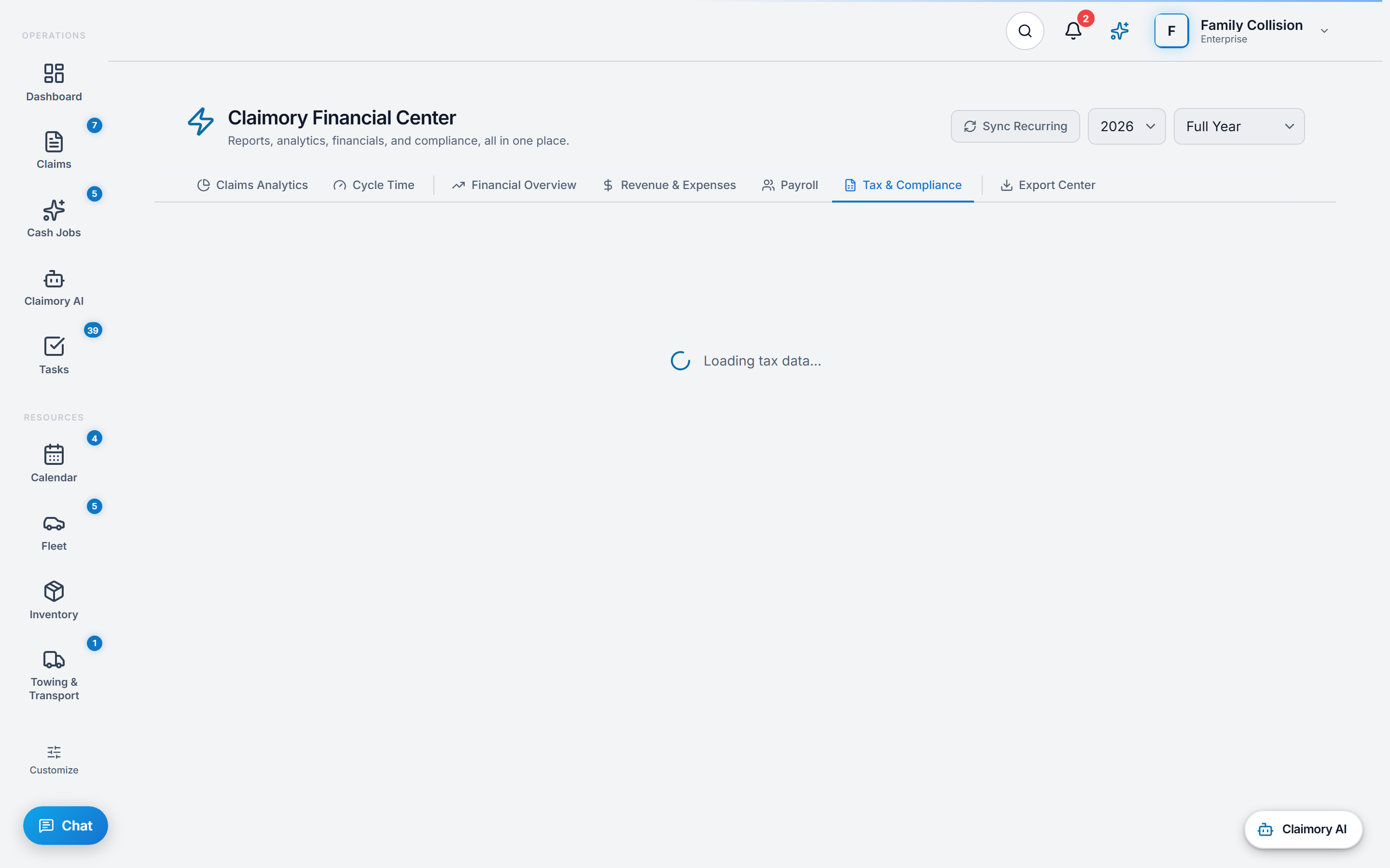 The Tax & Compliance tab in Claimory: a Tax Configuration card with parts, labor and materials rates and a Configure button, an Export for Accountant row with Claimory PDF, Full CSV, QuickBooks and Xero buttons, and a Profit & Loss Statement listing revenue by source and expenses by category.