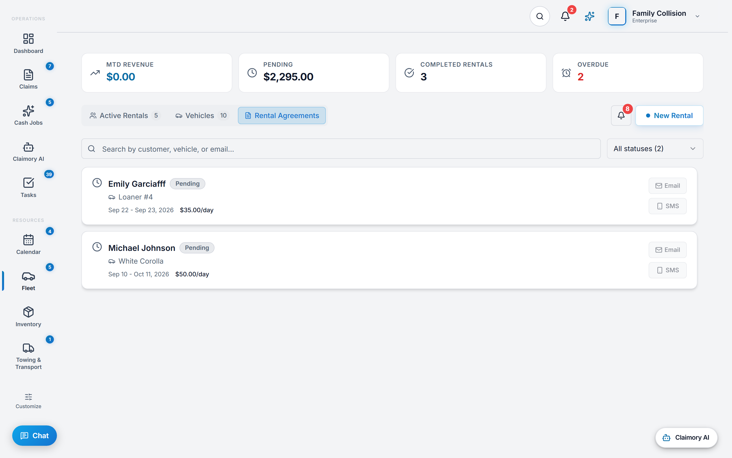 The Rental Agreements tab of the fleet management screen in Claimory, showing tiles for month-to-date revenue, pending revenue, completed rentals and an overdue count, an alerts bell with a badge, a search box and a status filter, and two pending agreements each naming the renter, the car, the rental dates and the daily rate, with Email and SMS buttons to send each one.