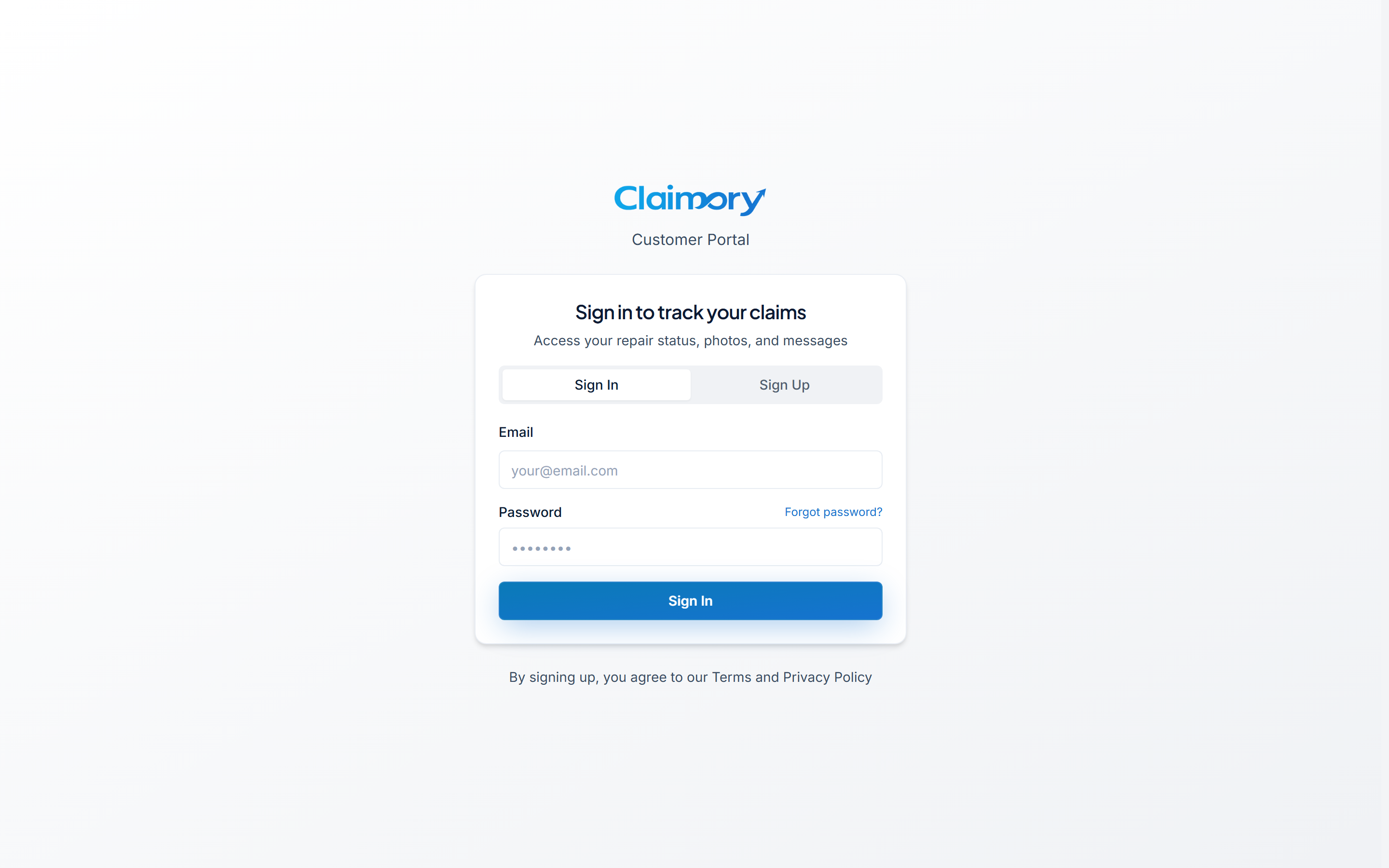 The Claimory customer account sign-in screen, headed Sign in to track your claims, offering access to repair status, photos and messages, with Sign In and Sign Up tabs.