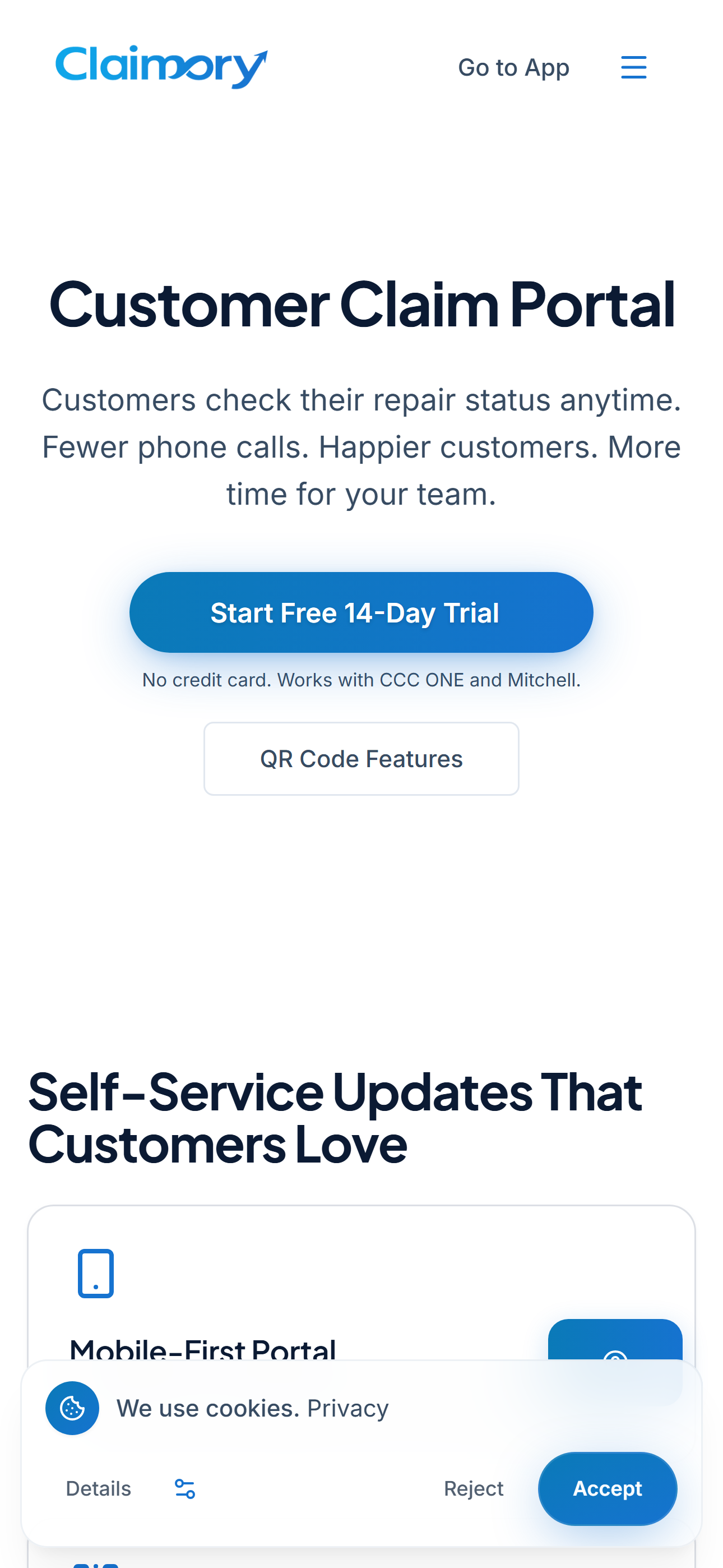 The Claimory customer claim link open on a phone, asking for the claim number and last name with a Verify and Continue button, and a line underneath offering to sign in for more features.