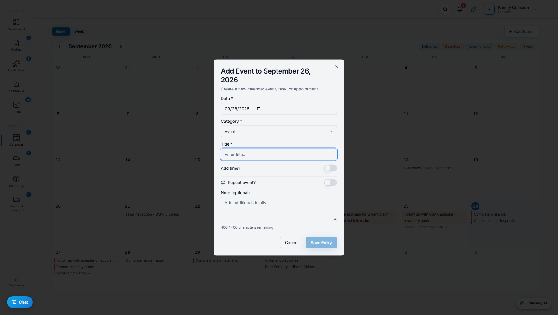 The Add Event dialog for scheduling an appointment on the shop calendar.