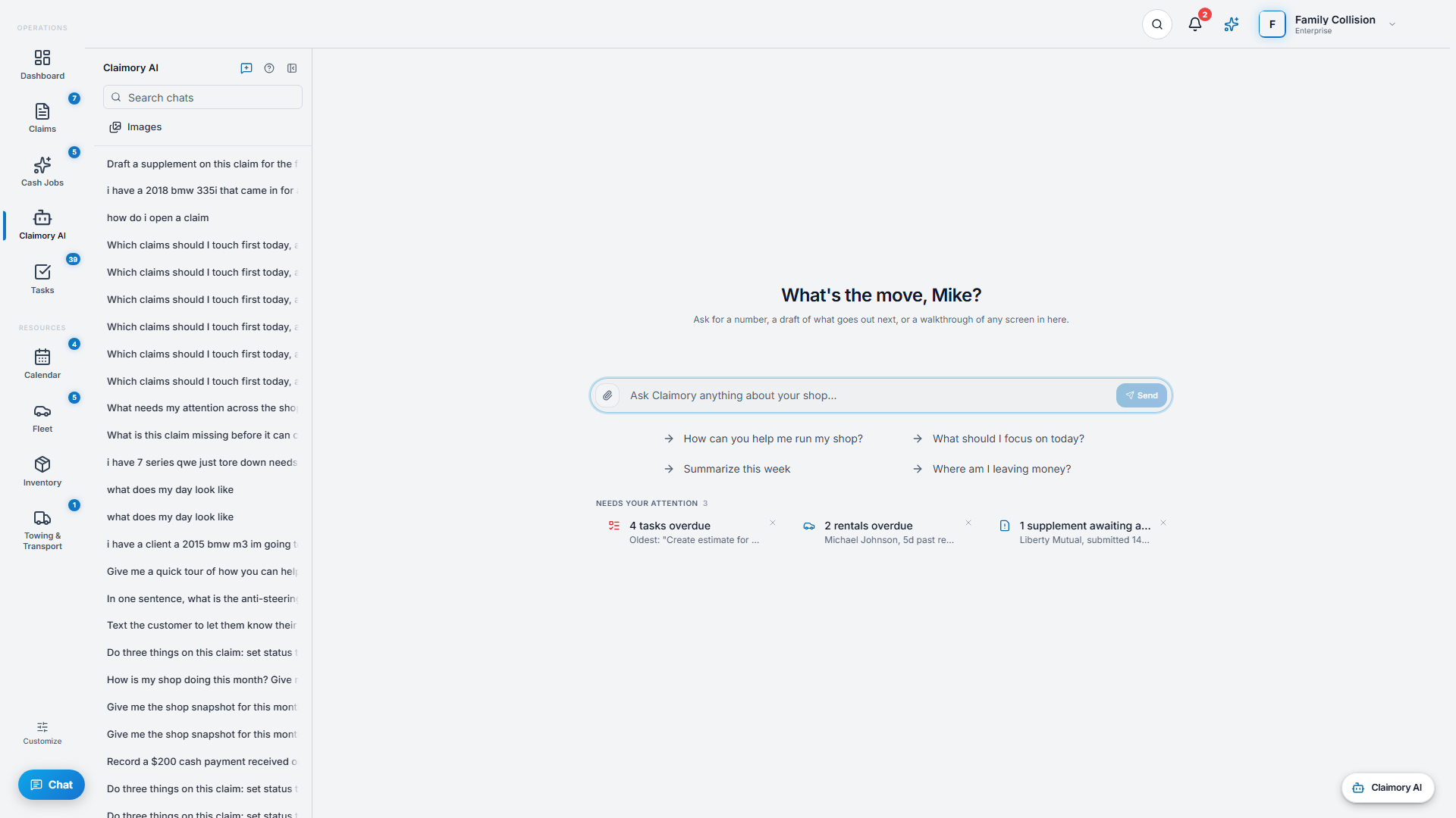 The Claimory AI drawer open beside a claim, showing a chat conversation