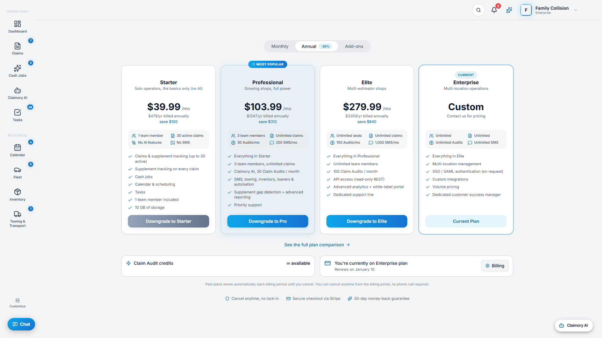 The Billing and plans screen in Claimory with the Starter, Professional, and Elite tiers.