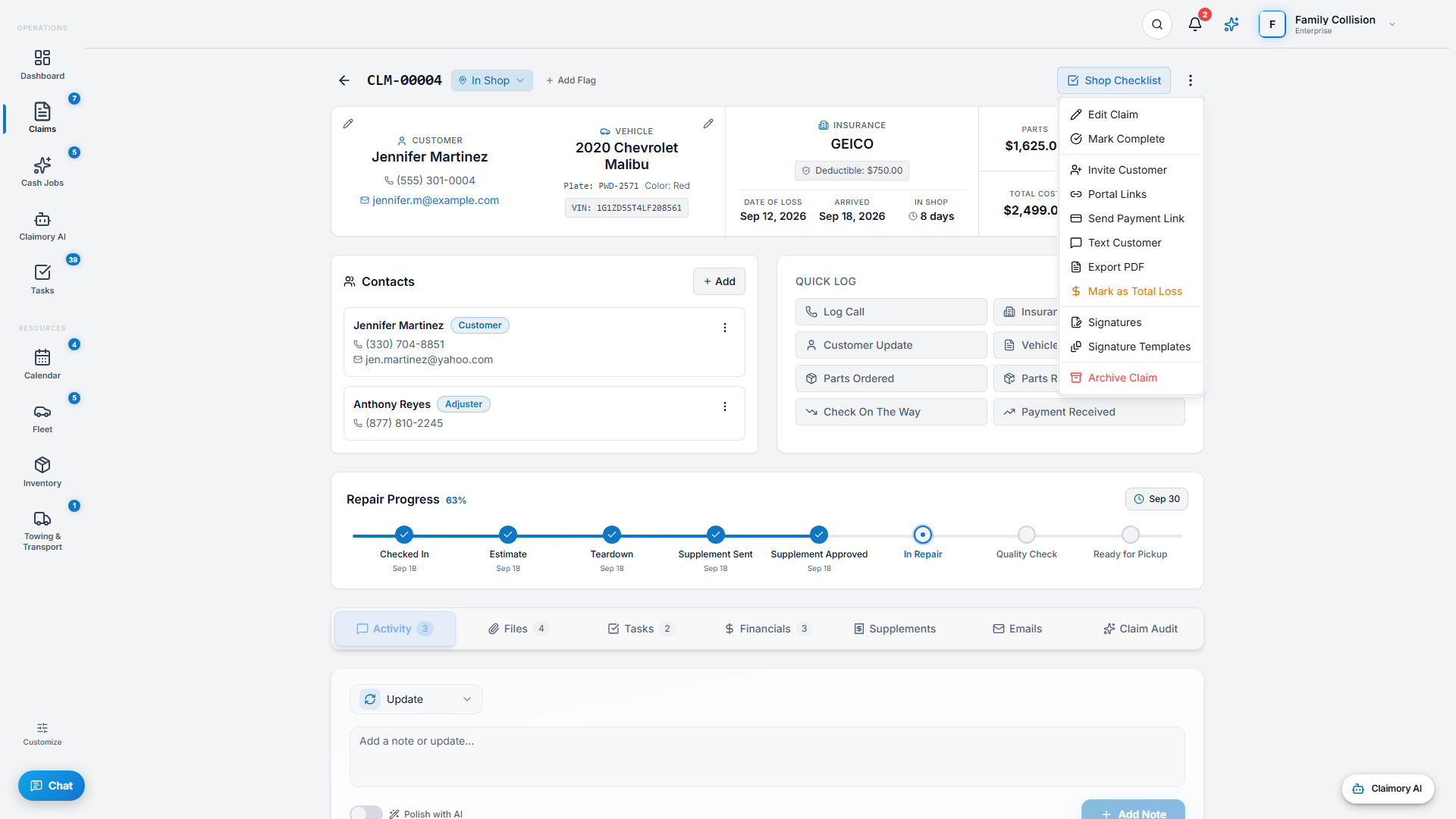 The claim actions menu with Invite Customer, Send Payment Link, Mark as Total Loss, and more.