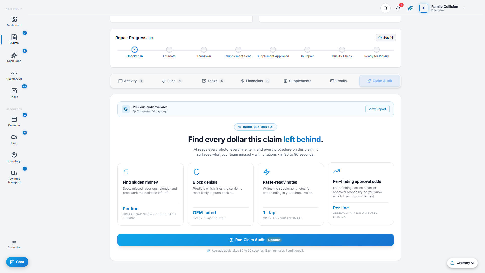 The Claim Audit launchpad on a claim, ready to scan for missed money and denials.