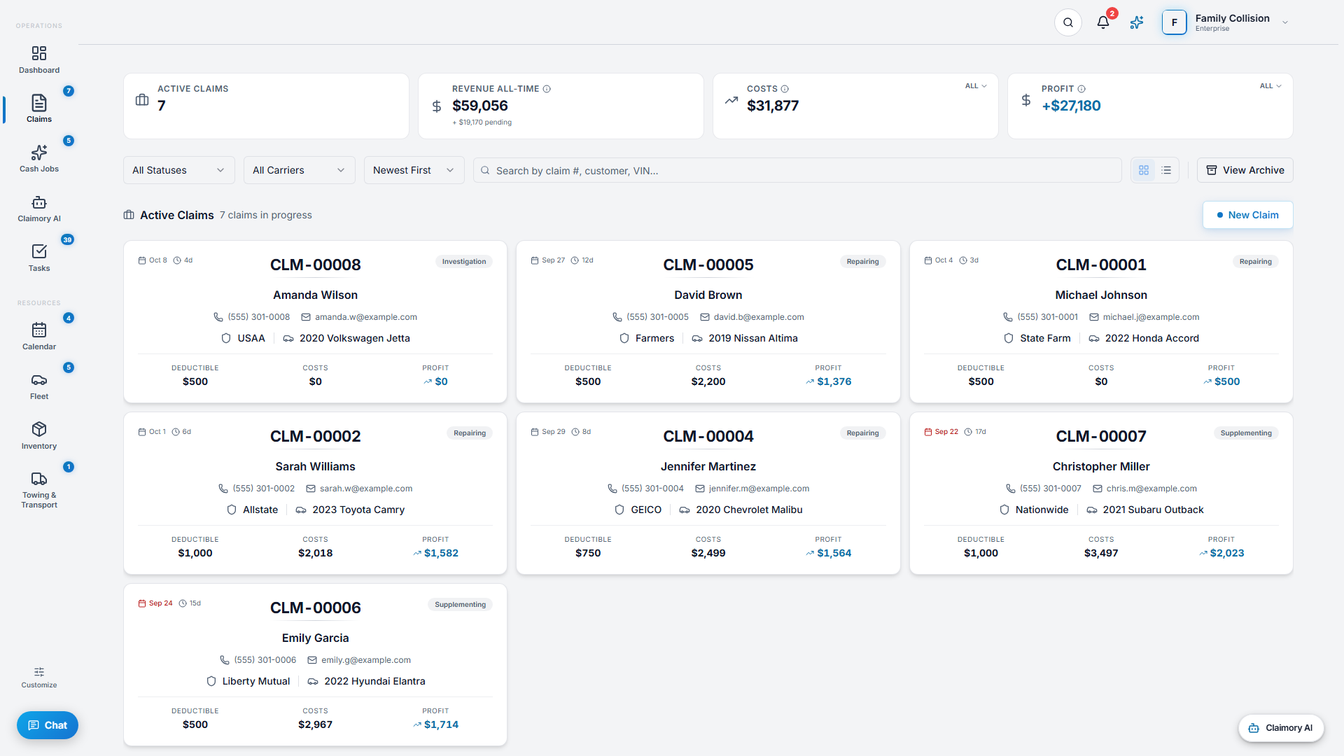 The Claimory claims list with financial KPIs, filters, and active claims