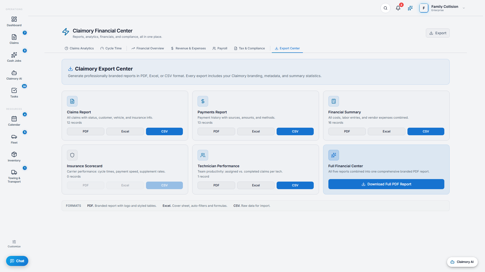 The Export Center in the Command Center for exporting reports to PDF, Excel, or CSV.