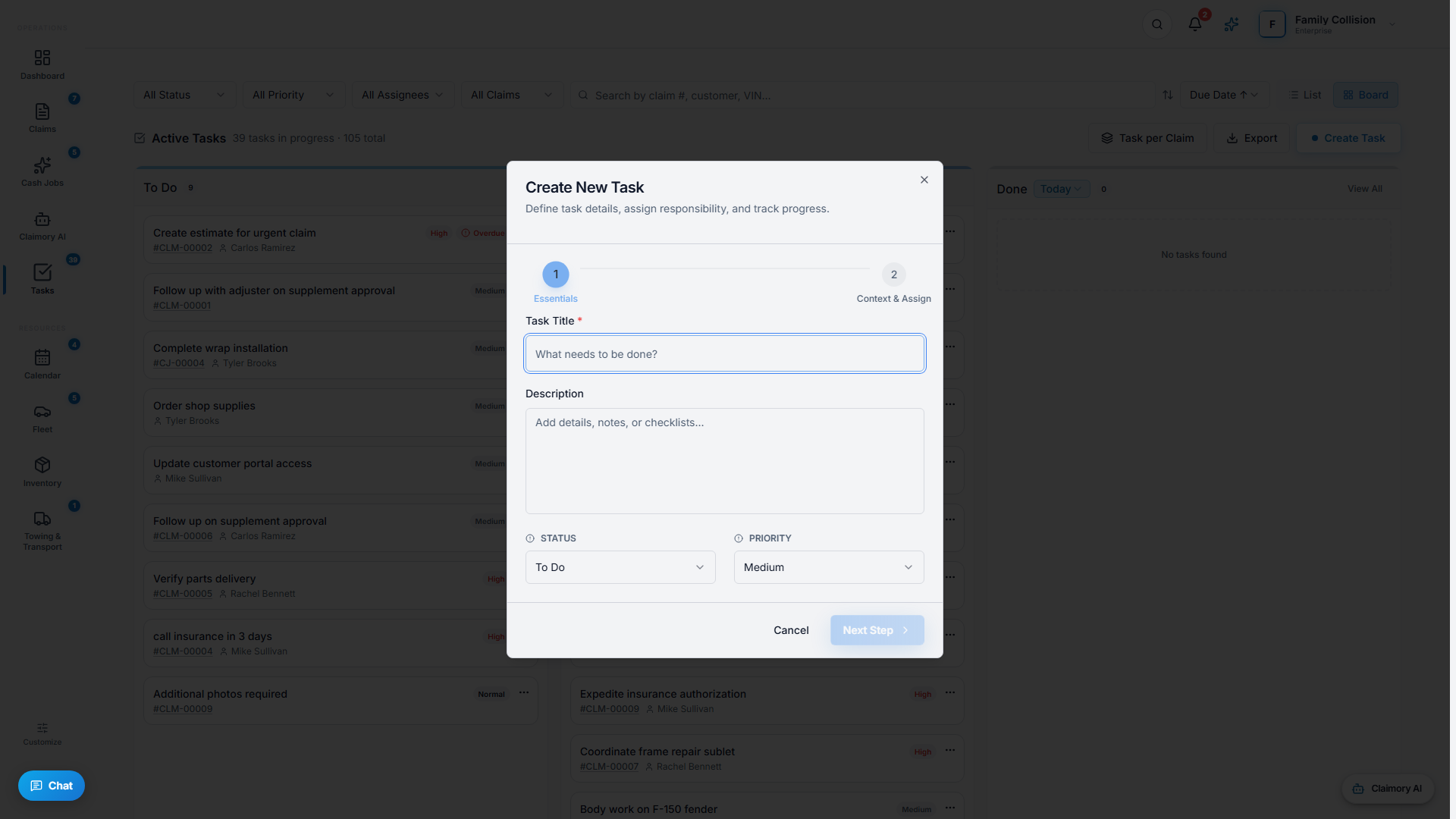 The Create Task dialog with title, due date, priority, and assignee.