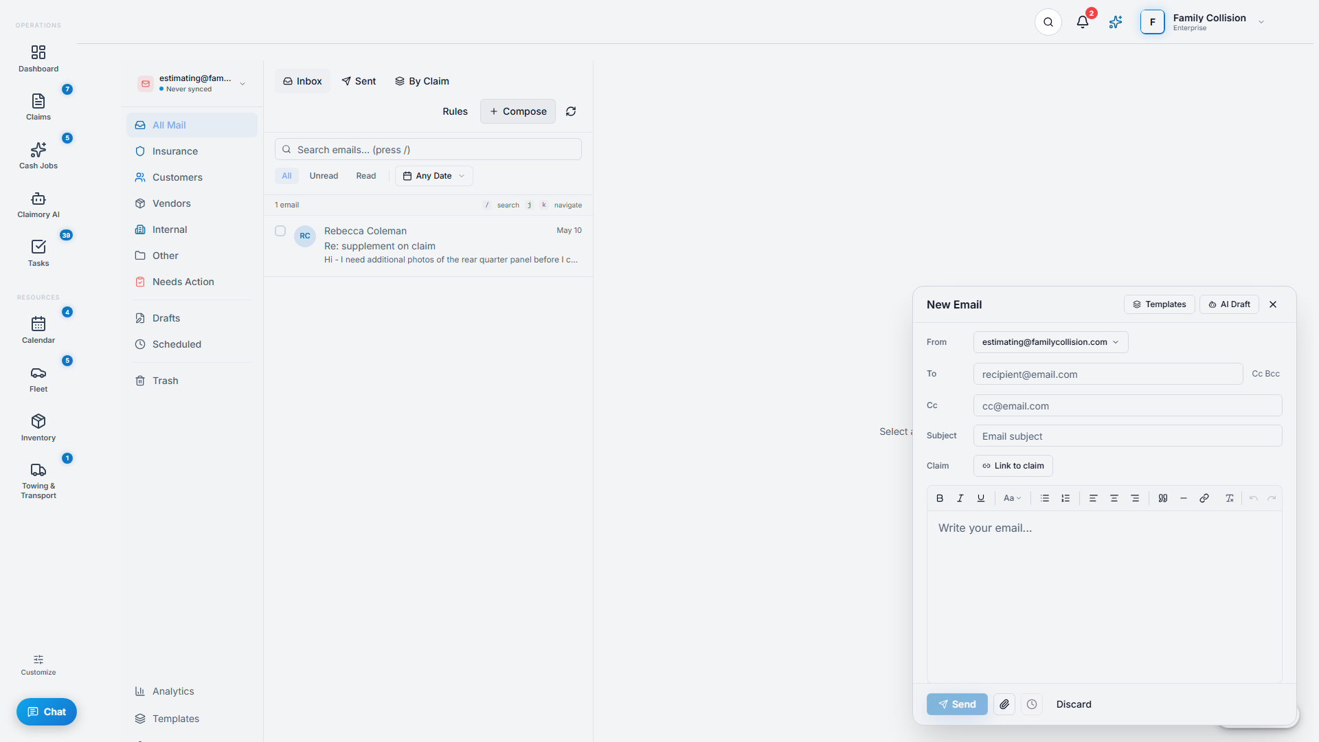The Claimory email composer, writing a reply that is linked to a claim