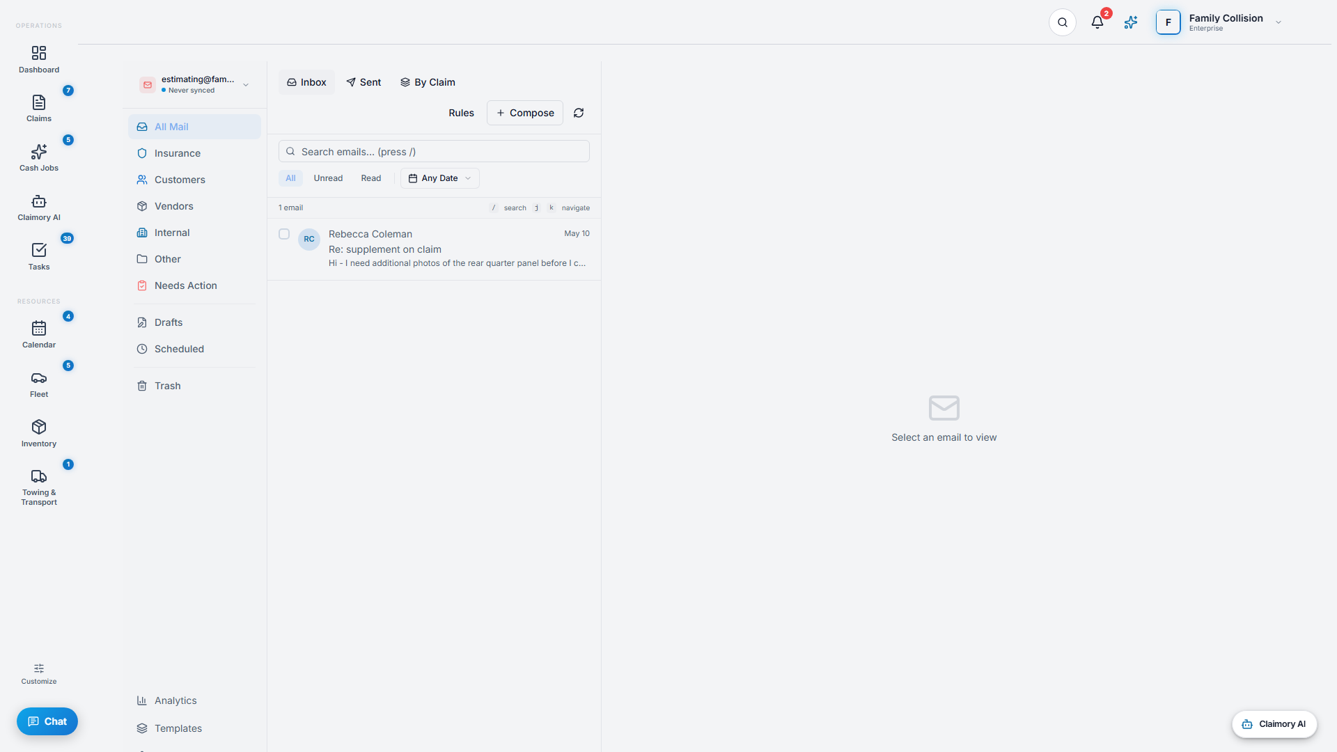 The Claimory email hub with Inbox, Sent and By Claim views, and smart folders for Insurance, Customers, Vendors, Internal, Other and Needs Action