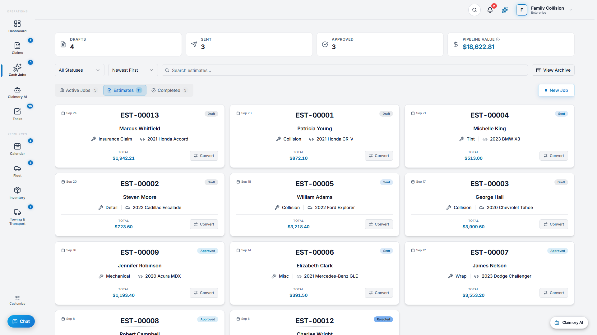The Claimory Estimates screen showing Drafts, Sent and Approved counts with the pipeline value, and estimate cards each carrying the customer, the job type, the vehicle, the total, a status badge and a Convert button