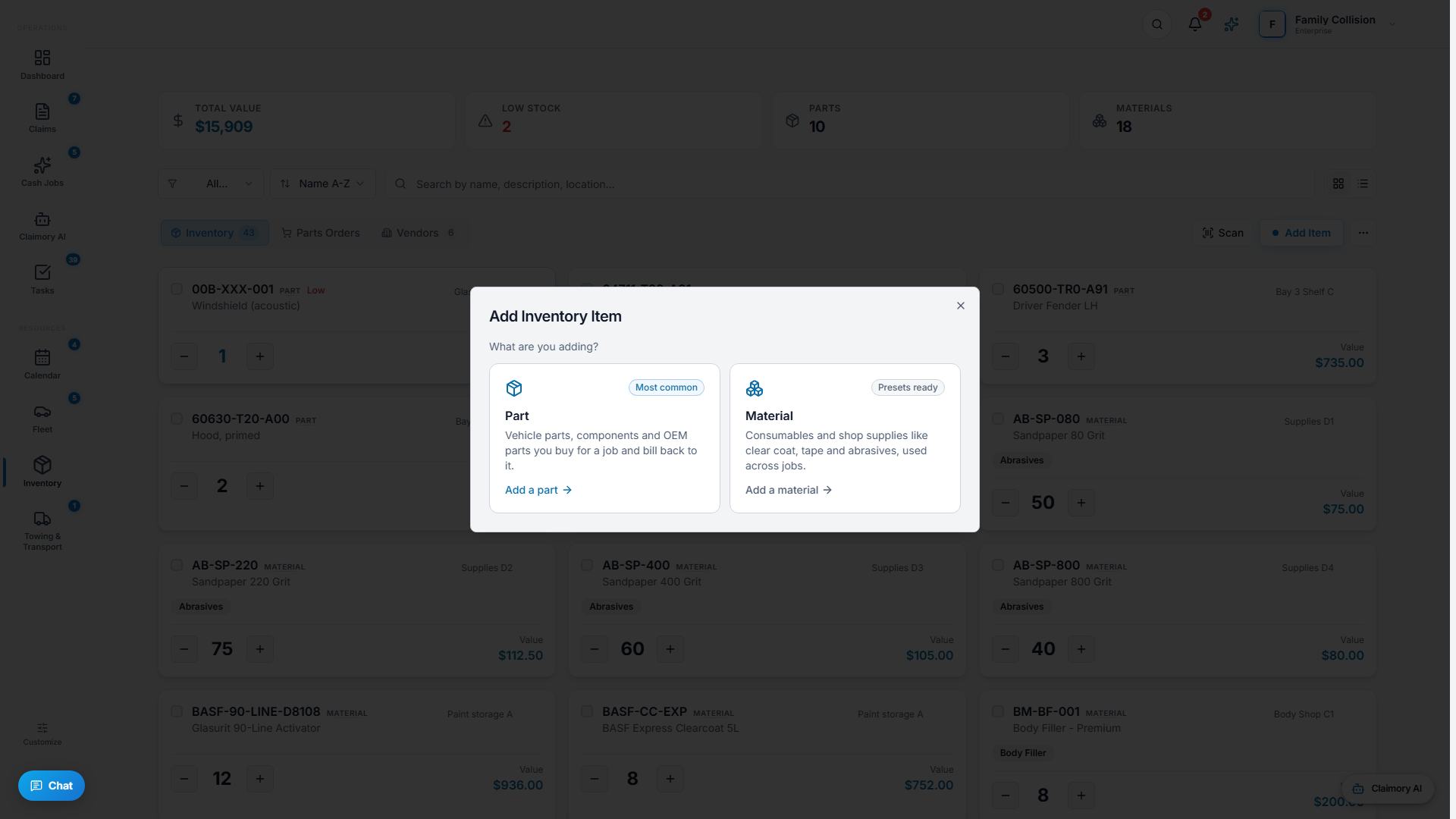 The Add Inventory dialog for adding a part or material to stock.