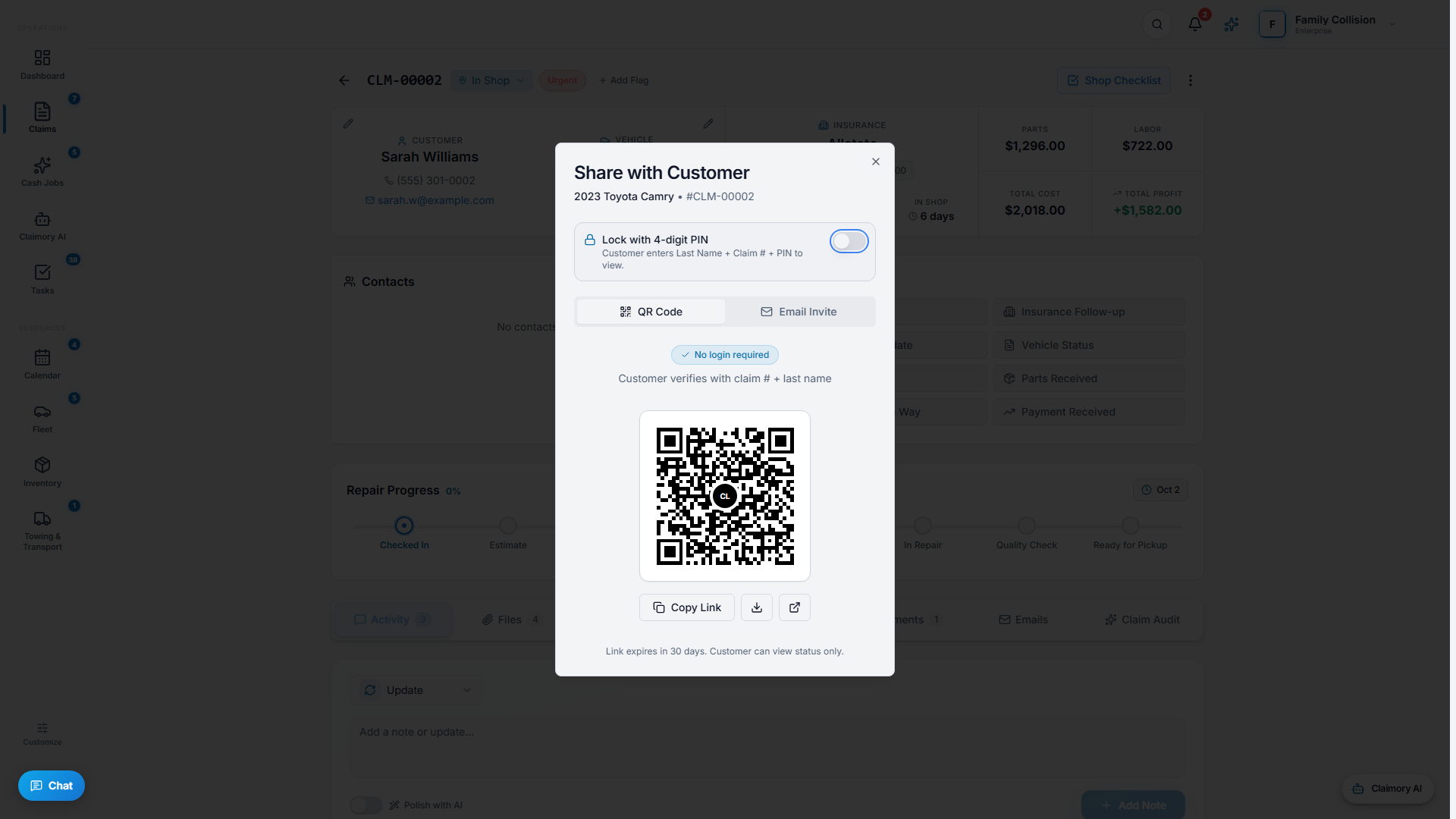 The Share with Customer dialog in Claimory with a QR code and customer portal link.