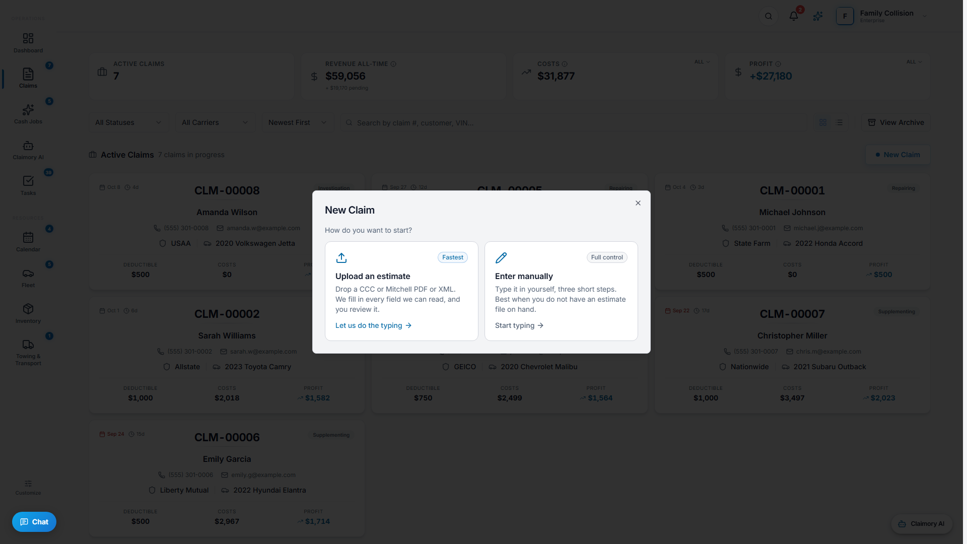 The New Claim dialog with options to upload an estimate or enter the claim by hand.