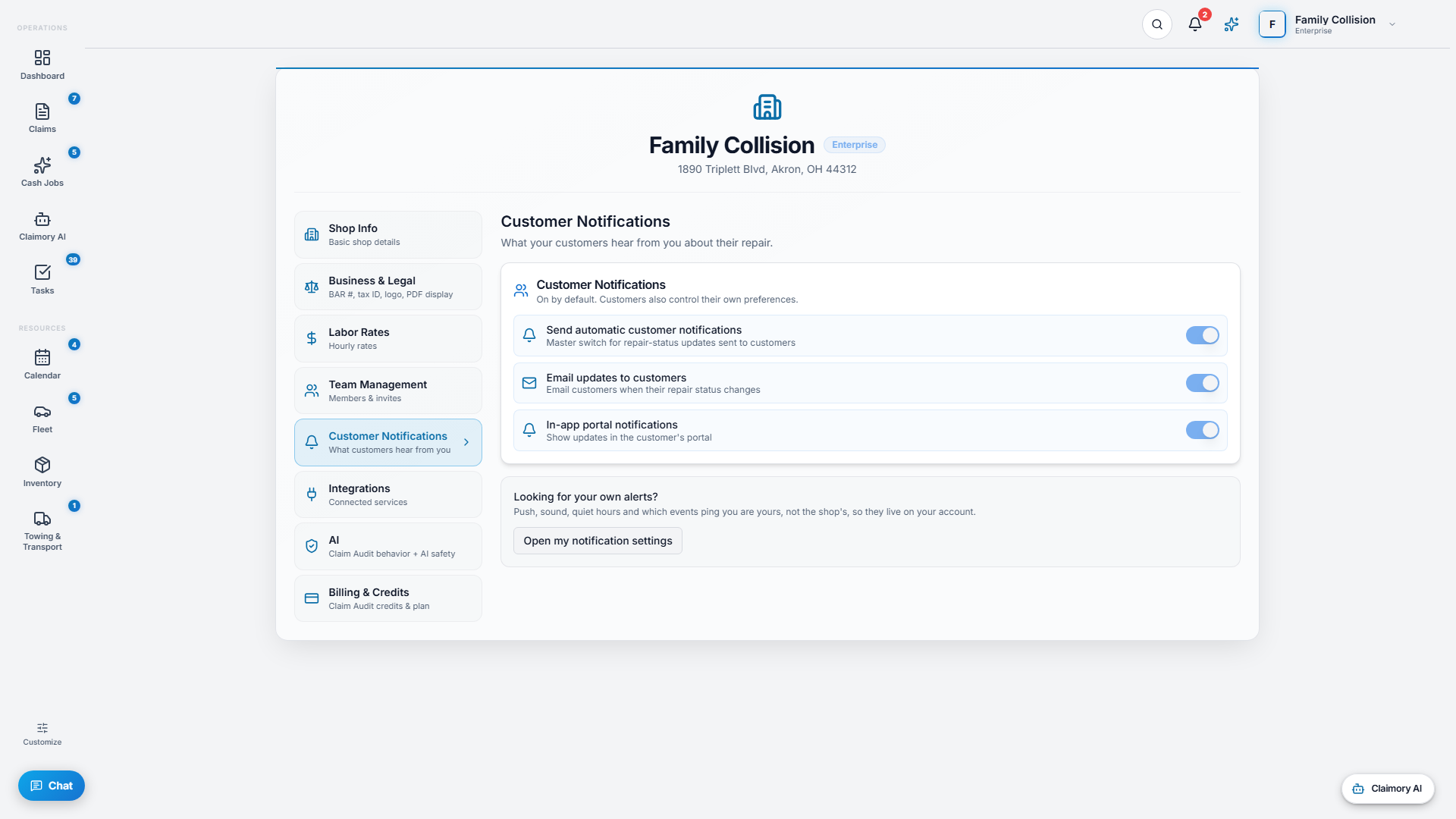 The Customer Notifications settings in Claimory, controlling which repair milestones automatically alert the vehicle owner.