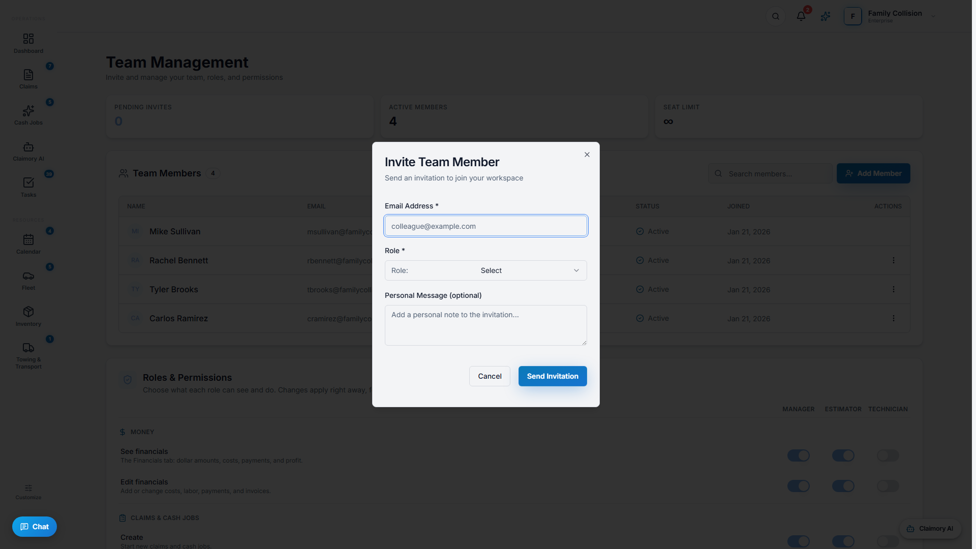 The Add Member dialog for inviting a teammate by email and setting their role.