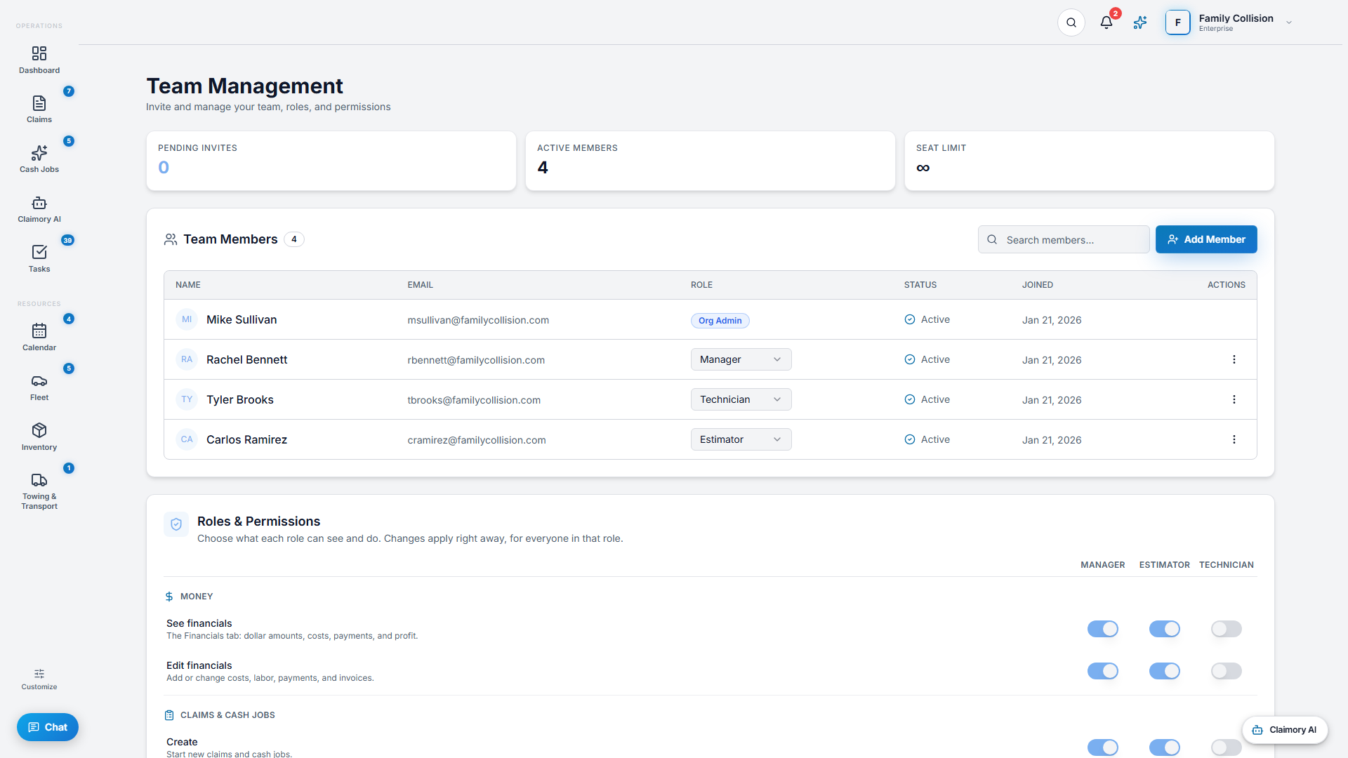 Team Management in Claimory with members, roles, and pending invites.